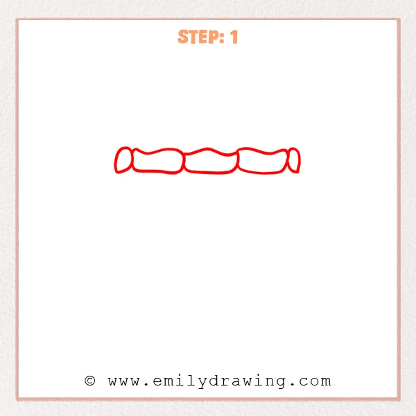 how to draw a brick wall - Step 1 of how to draw a brick wall: a long top row is sketched as connected rounded brick shapes with capped ends.